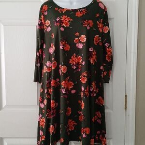Honey and Lace deep green floral print 3/4th sleeve midi dress Sz 2X